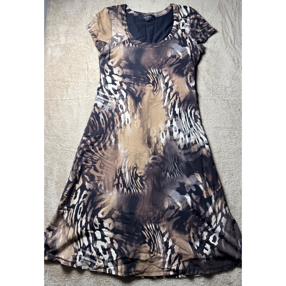 Karen Kane Womens Brown Animal Print Mesh Short Sleeve A-Line Midi Dress Size S